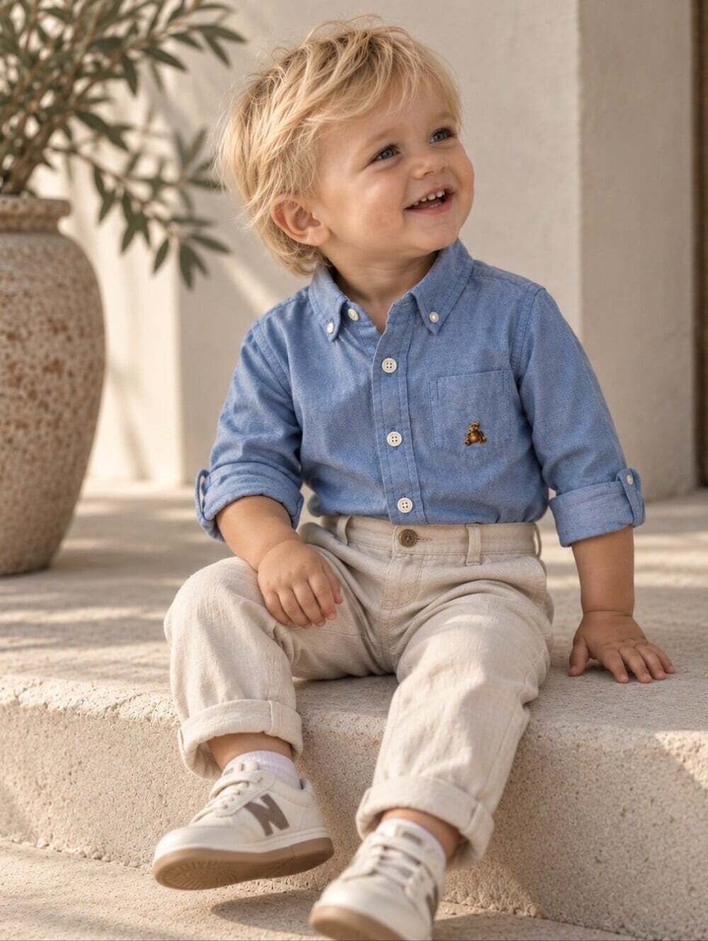 Baby Gap Blue Oxford Shirt Bodysuit Teddy Bear Preppy 6-12M 100% Cotton